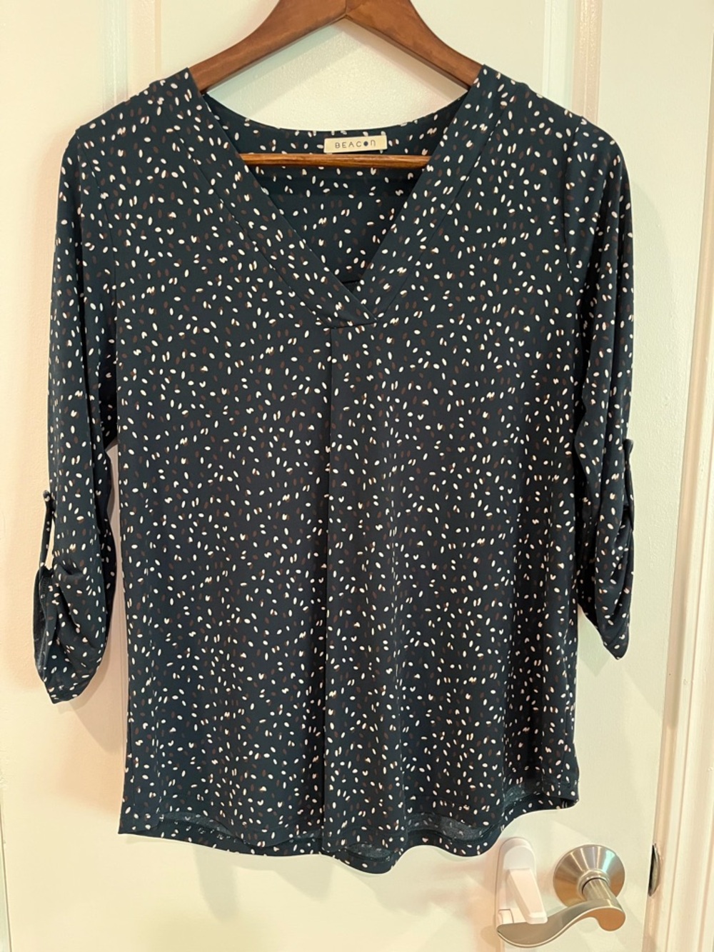 Beacon Teal V-Neck Blouse with White and Brown Dot Pattern